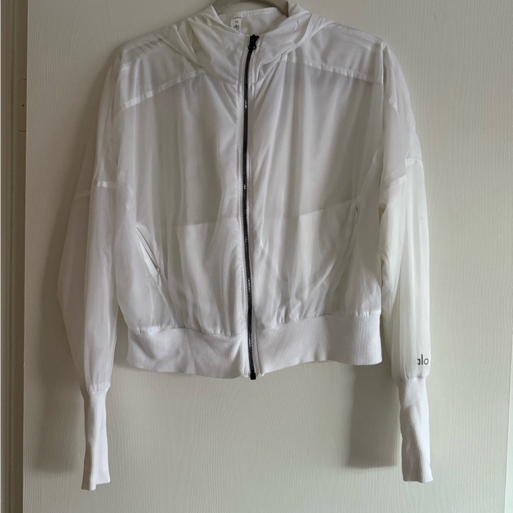ALO Yoga White Sheer Hooded Bomber Jacket